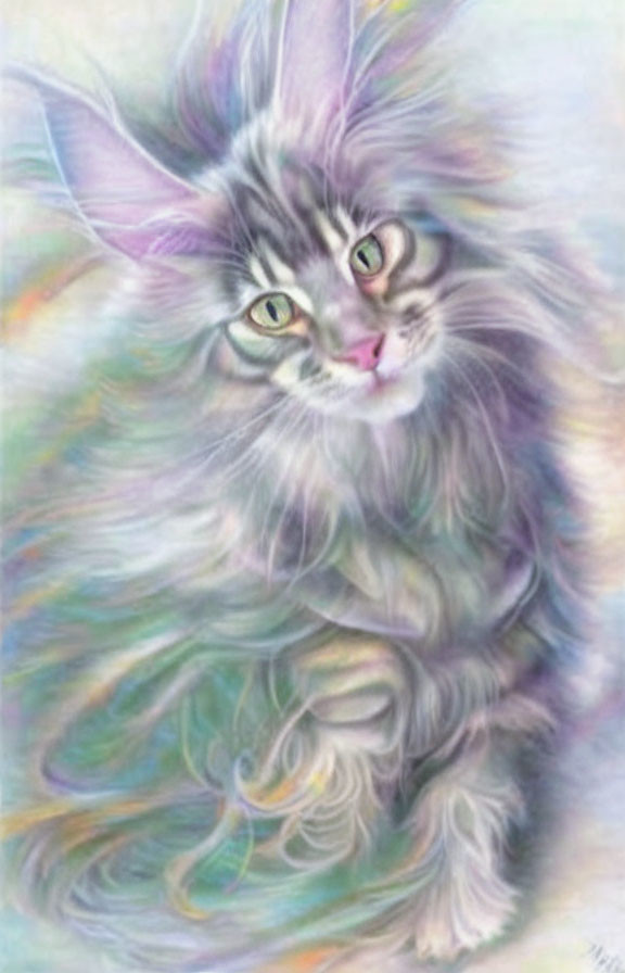 Whimsical pastel artwork of fluffy cat with bunny ears and multi-colored fur