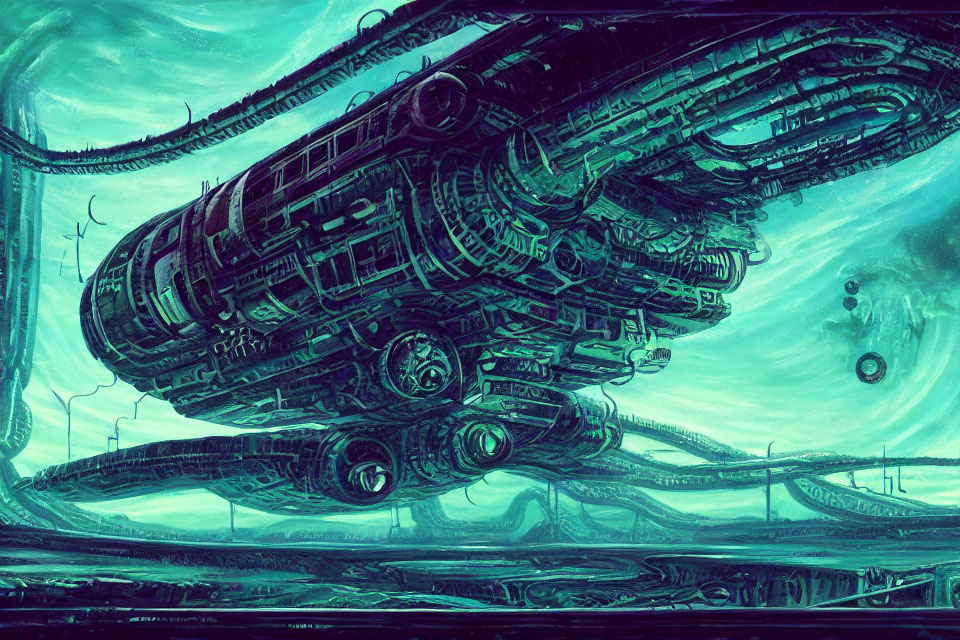 Intricate futuristic spaceship in green-tinted alien sky