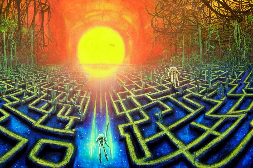 Surreal blue maze with skeletal figures and sunset in forested backdrop