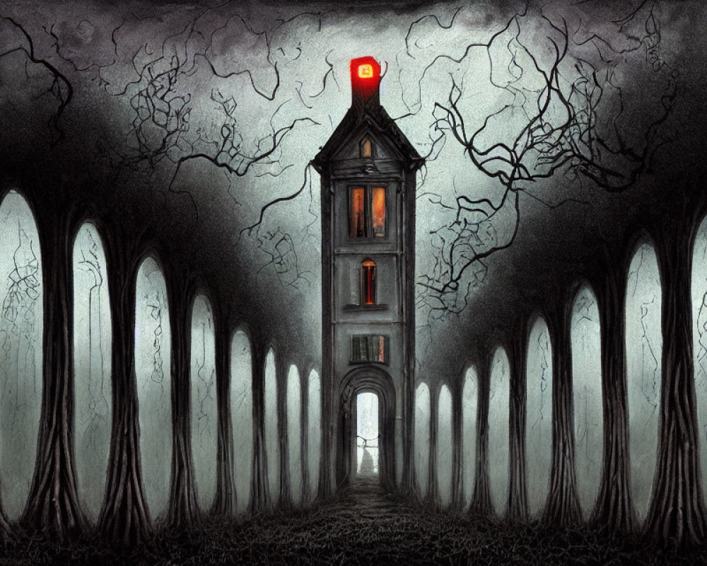 Tall, narrow house with red light in ghostly forest
