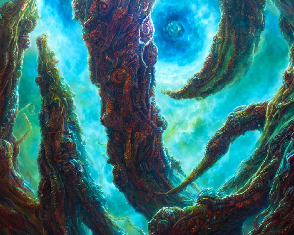 Colorful artwork: Intricate tentacle patterns against cosmic backdrop