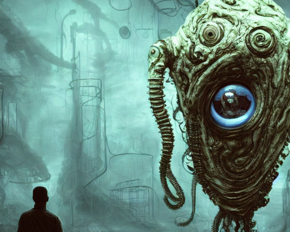Surreal creature with tentacles and blue eye in dystopian landscape