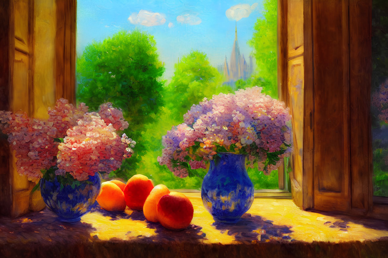Colorful painting featuring window scene with lush greenery, distant cathedral, and still life of peaches