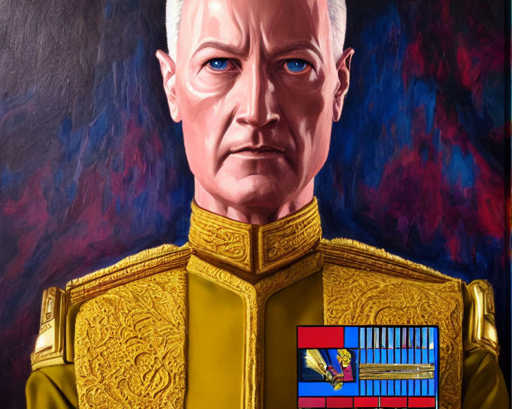 Portrait of stern man in gold military uniform with white hair, set against colorful abstract backdrop.