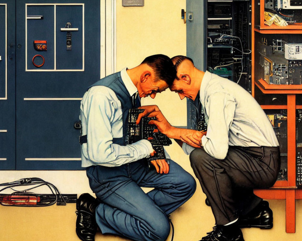 Two Men in Suits and Ties Examining Opened Electronic Device Components