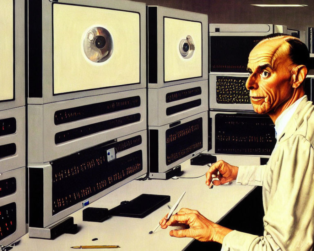 Man with exaggerated facial expression in front of vintage computer reels and tool - retro technology scene
