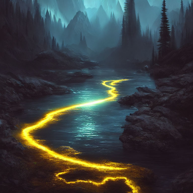 Mystical Nighttime Landscape: Glowing River, Rocky Banks, Mountain Peaks