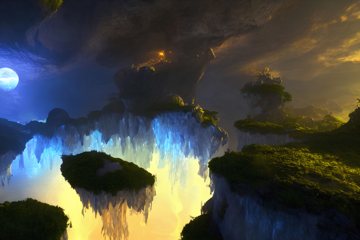 Fantastical landscape with floating islands, waterfalls, lush greenery, and moonlit sky