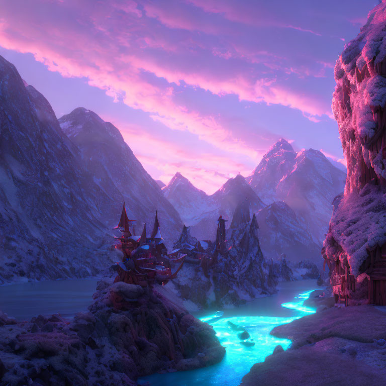 Fantasy landscape at twilight: Glowing blue river, Asian-inspired architecture among mountains