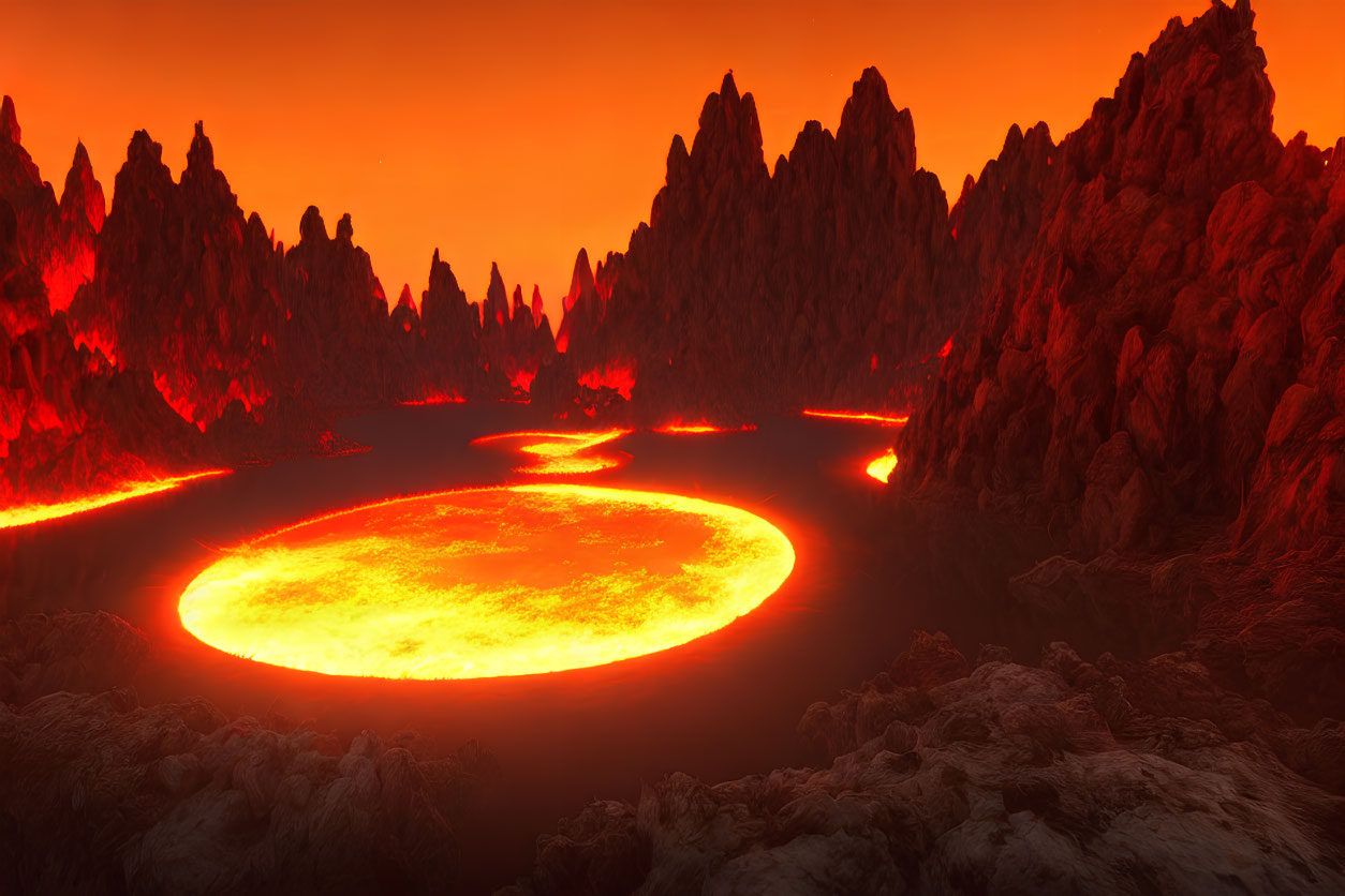 Fiery volcanic landscape with glowing lava lake and rivers against jagged mountains under red sky
