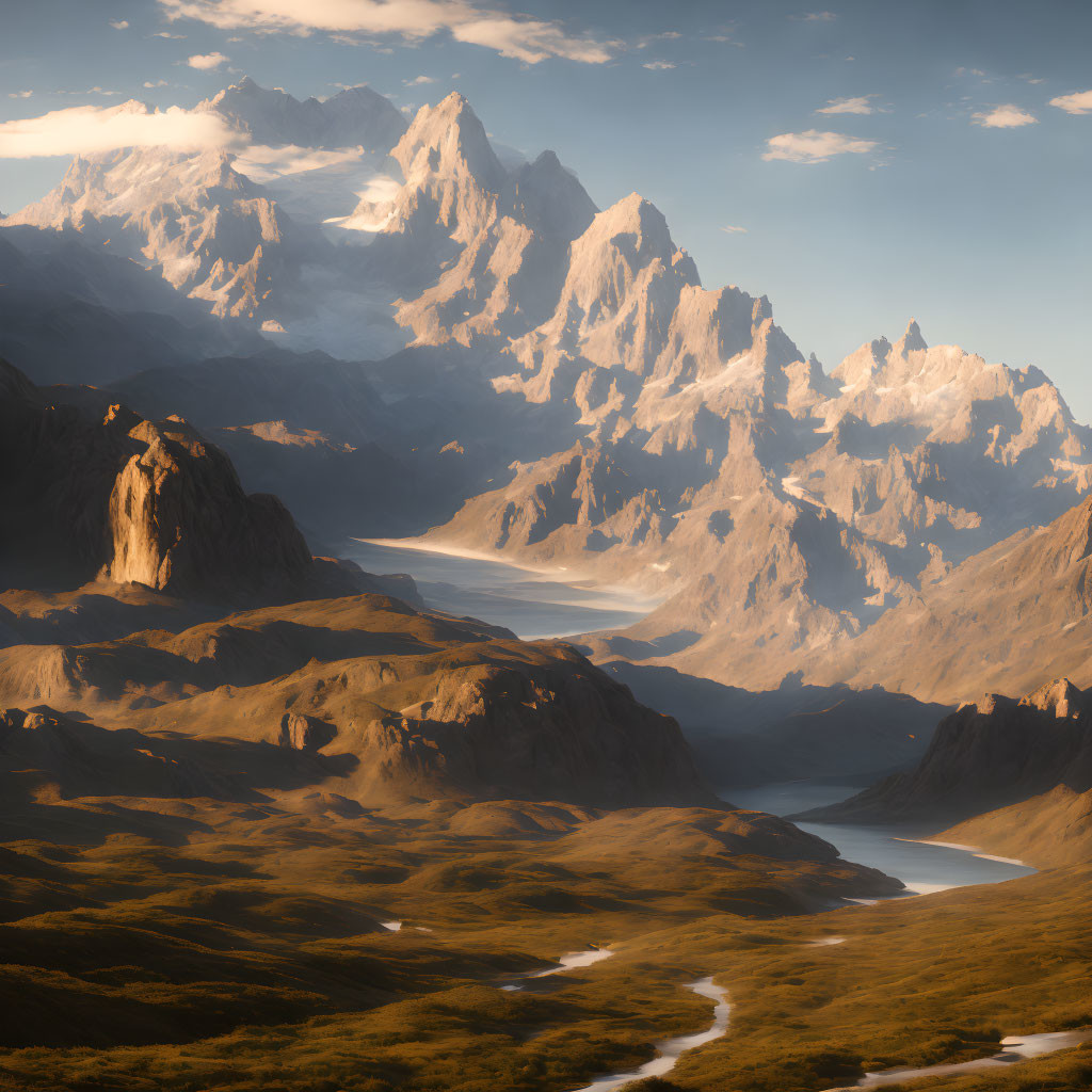 Majestic mountain range with towering peaks and winding river
