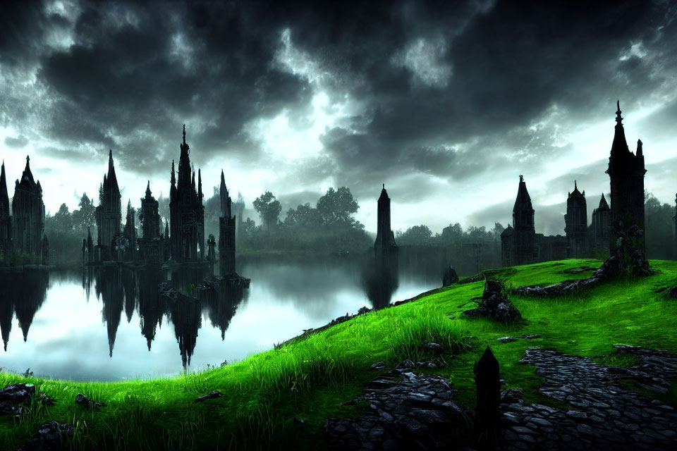 Gothic spires silhouetted in gloomy lakeside scene at twilight
