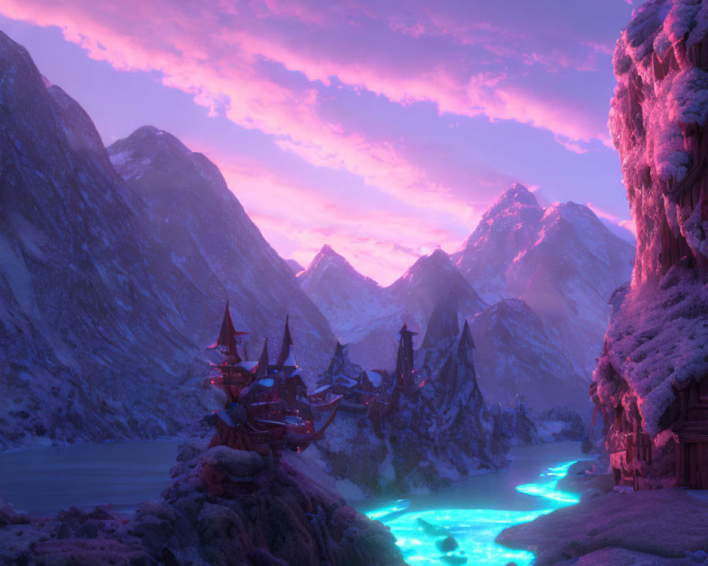 Fantasy landscape at twilight: Glowing blue river, Asian-inspired architecture among mountains
