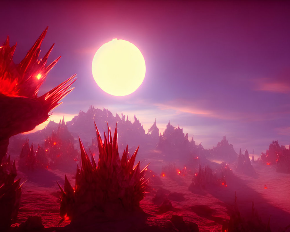 Surreal landscape with spiky formations under a large pink sun