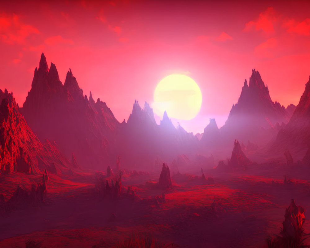Vivid Red Alien Landscape with Jagged Mountains