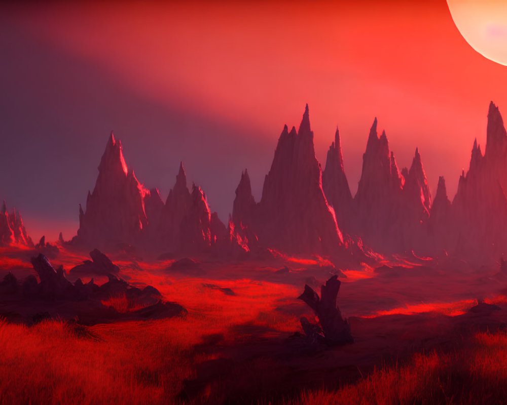 Vivid Red Alien Landscape with Jagged Rock Formations