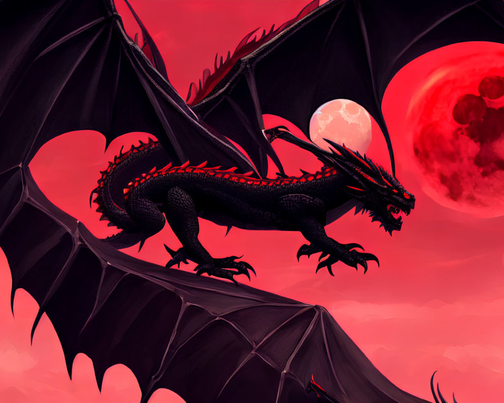Black dragon with expansive wings in front of red sky and two moons