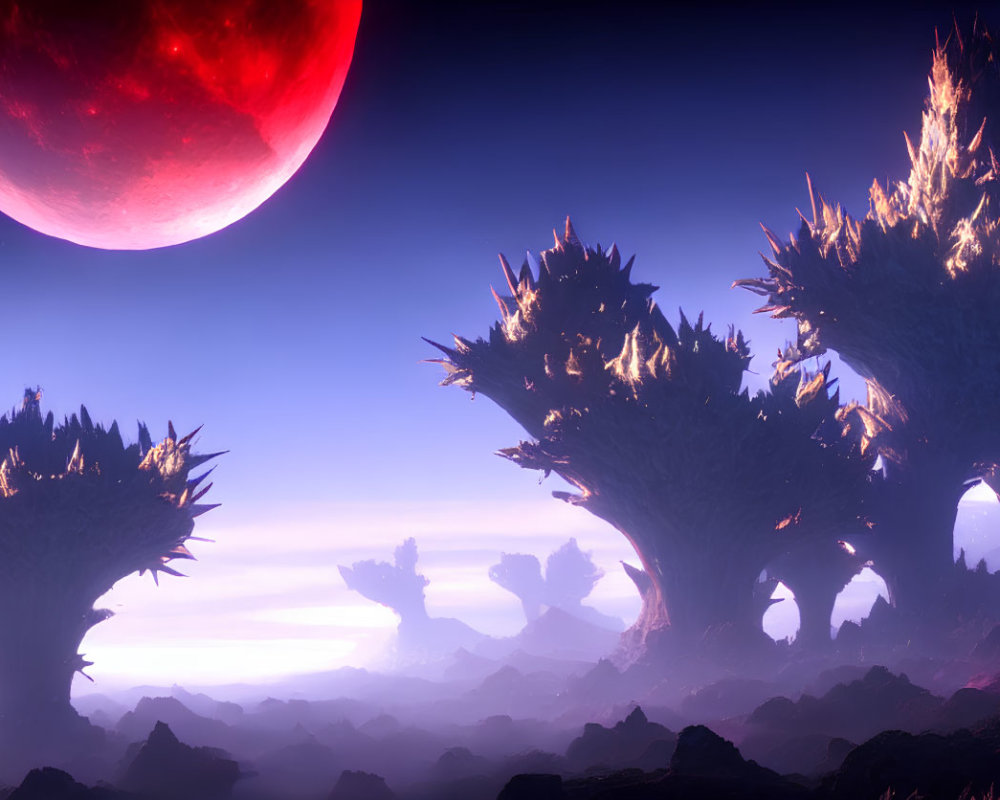 Colossal spiky trees under red moon in alien landscape