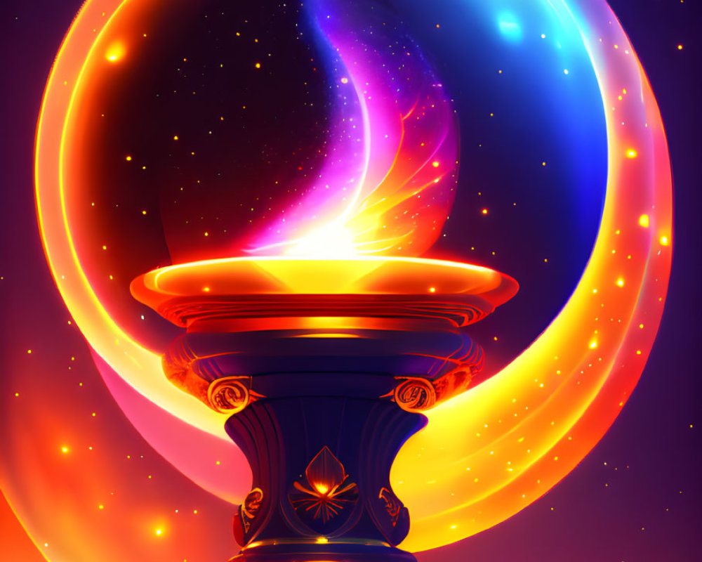 Digital art: Mystical flame on pedestal with swirling aura in starry night sky