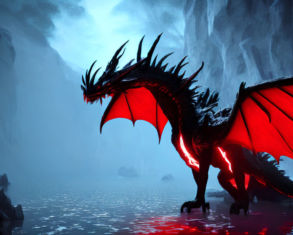 Black dragon with red wings near foggy lake and cliffs