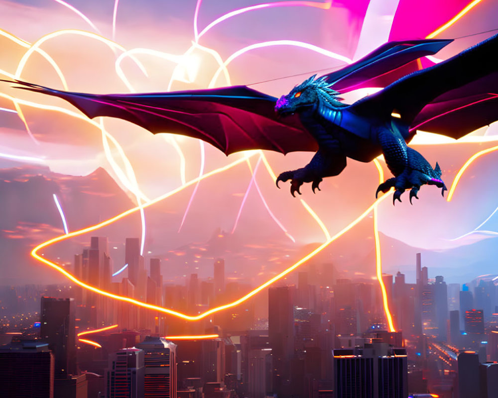 Majestic dragon flying over futuristic city at dusk