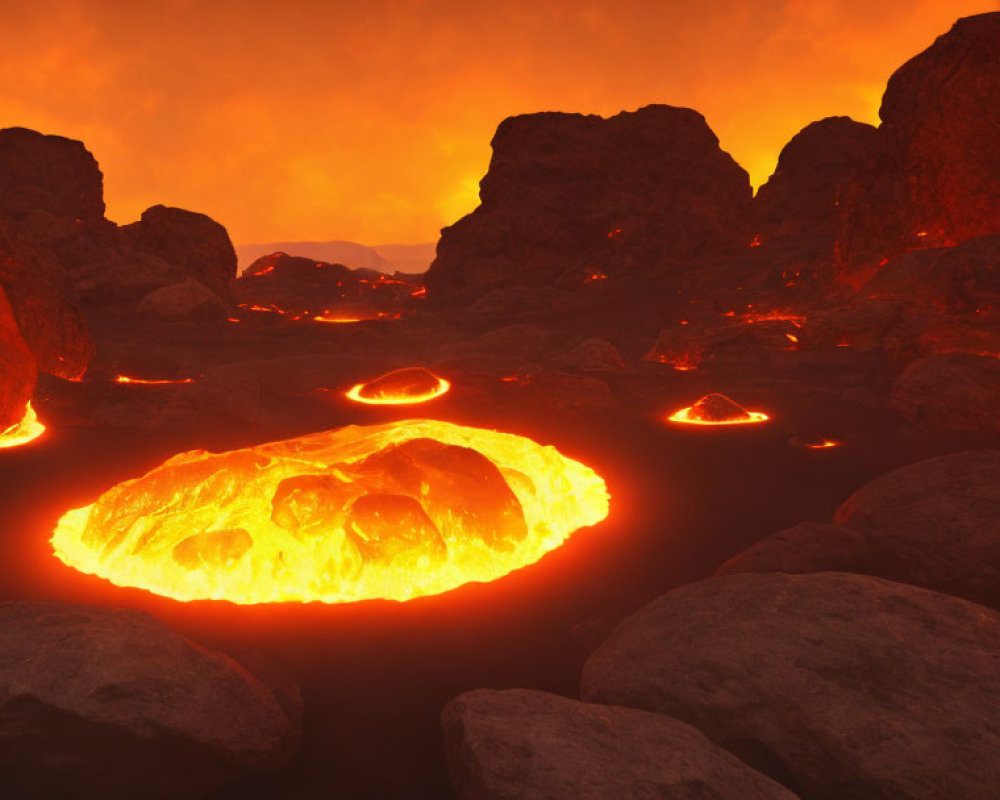 Volcanic landscape with glowing lava flows and orange sky