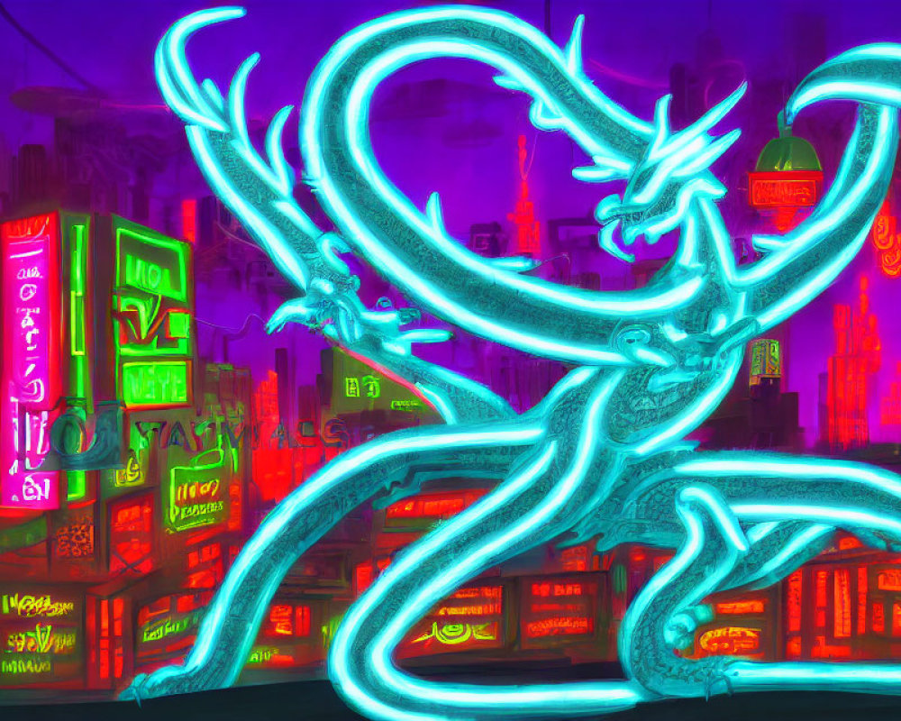 Futuristic cityscape with neon-lit graffiti of dragon-like creature