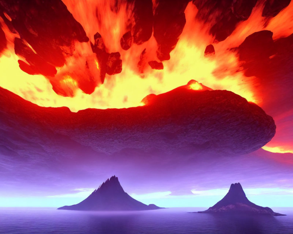 Lava-filled sky over serene sea with mountains under cavernous ceiling