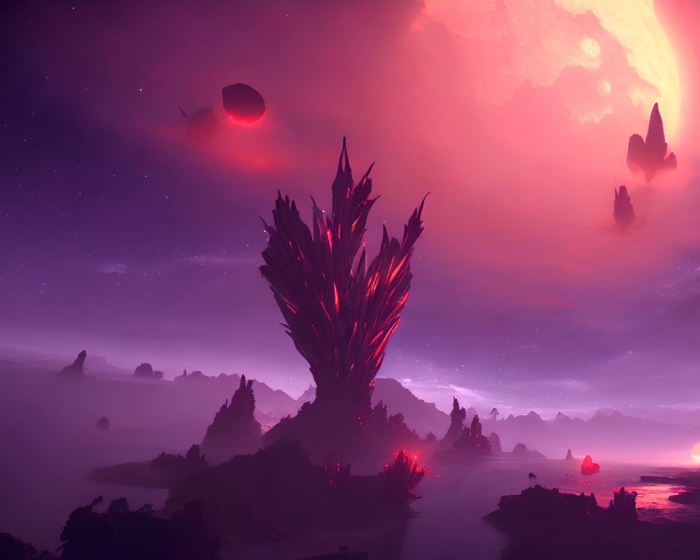 Sci-fi landscape with giant crystalline structure, pink and purple sky, moons, and floating rocks