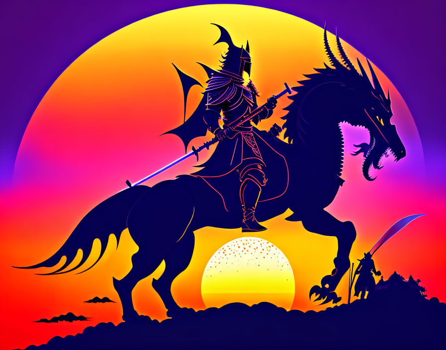 Silhouette of Knight on Horse Battling Dragon at Sunset