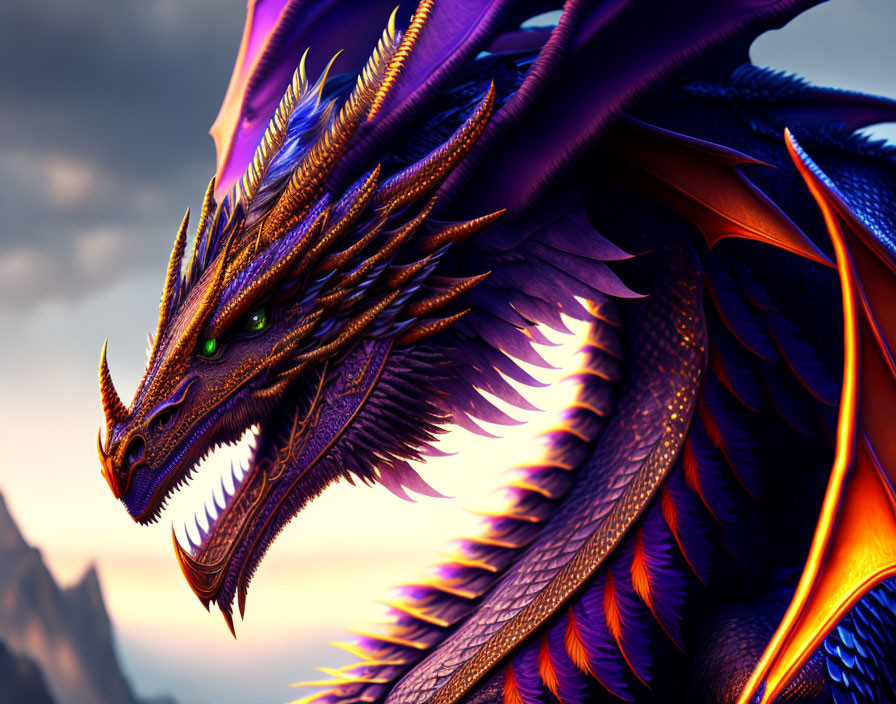Detailed Digital Artwork: Majestic Purple and Blue Dragon with Green Eyes, Sharp Fangs, and