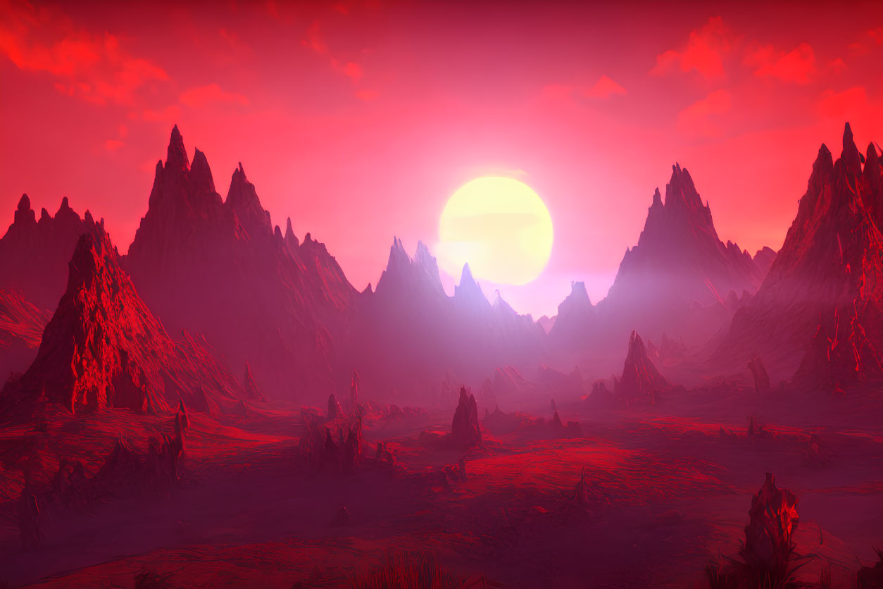 Vivid Red Alien Landscape with Jagged Mountains