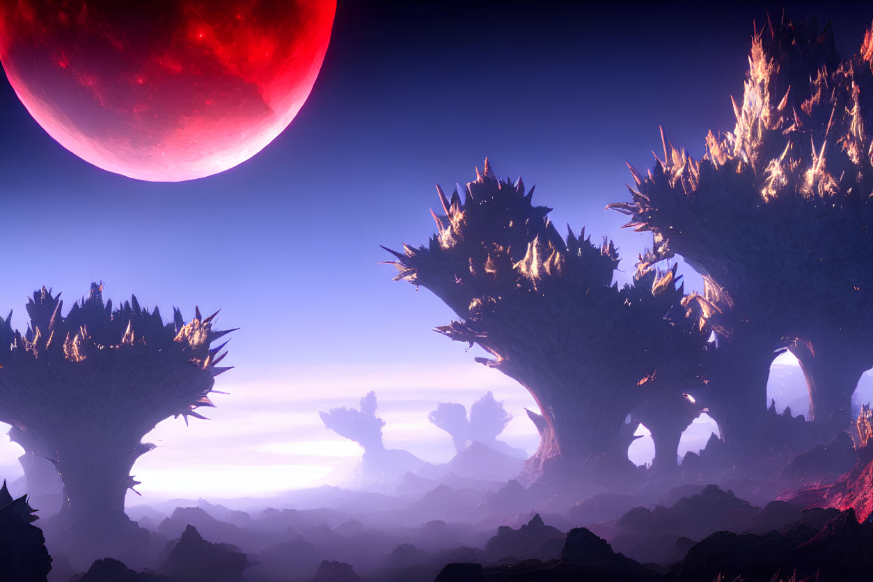 Colossal spiky trees under red moon in alien landscape