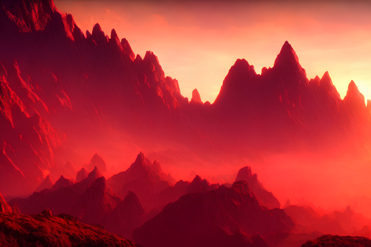 Vibrant red landscape with jagged mountains under glowing sky