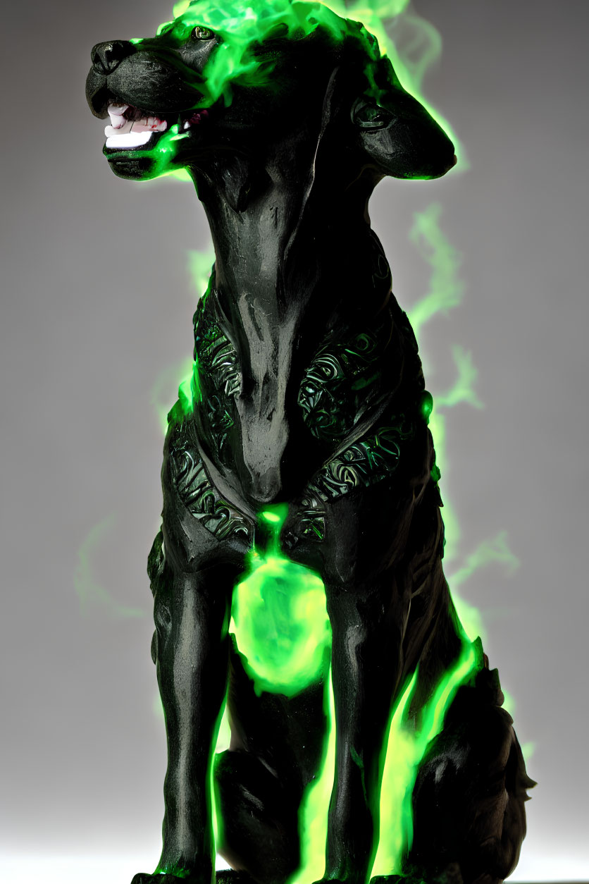 Ethereal green dog with intricate mystical patterns