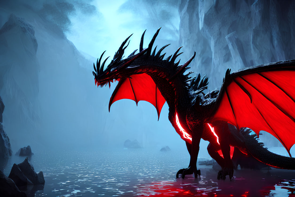 Black dragon with red wings near foggy lake and cliffs