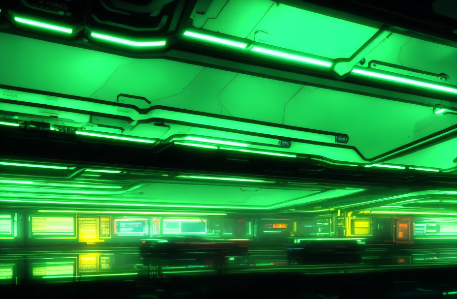 Futuristic subway station with green and yellow lighting and modern designs