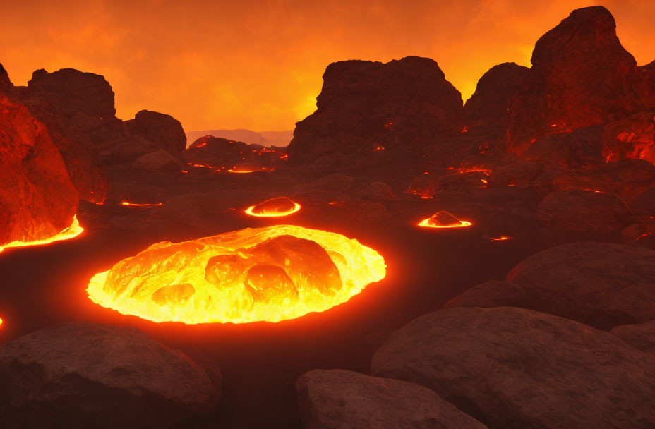 Volcanic landscape with glowing lava flows and orange sky