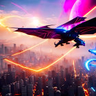 Majestic dragon flying over futuristic city at dusk