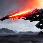 Mechanical dragon breathing fire in dark volcanic landscape