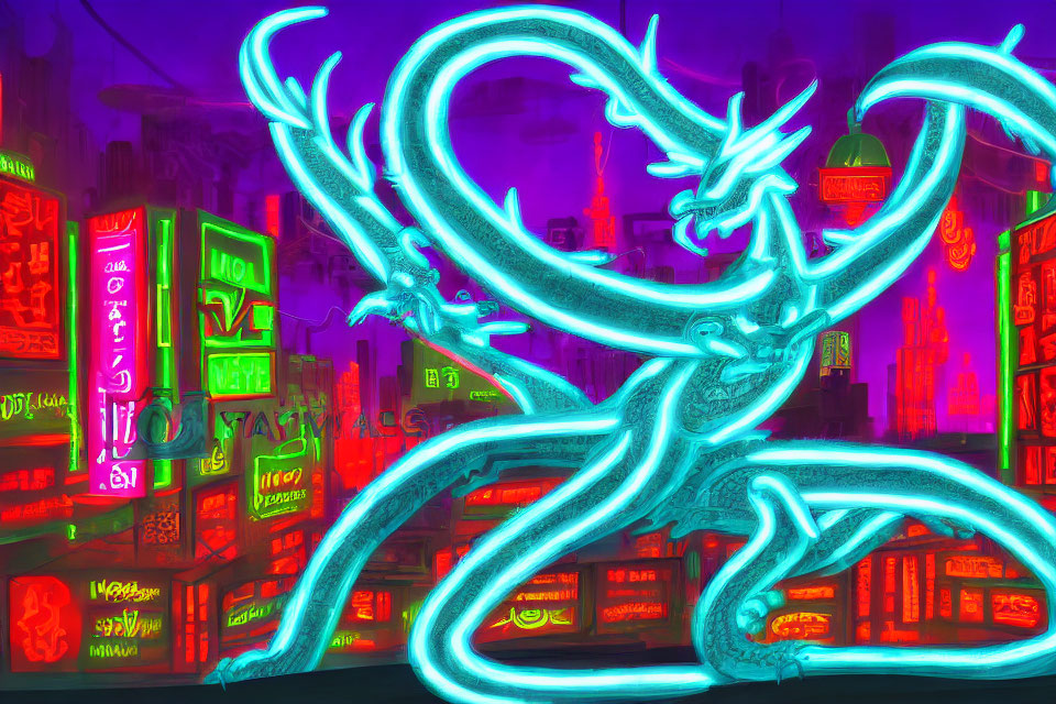 Futuristic cityscape with neon-lit graffiti of dragon-like creature