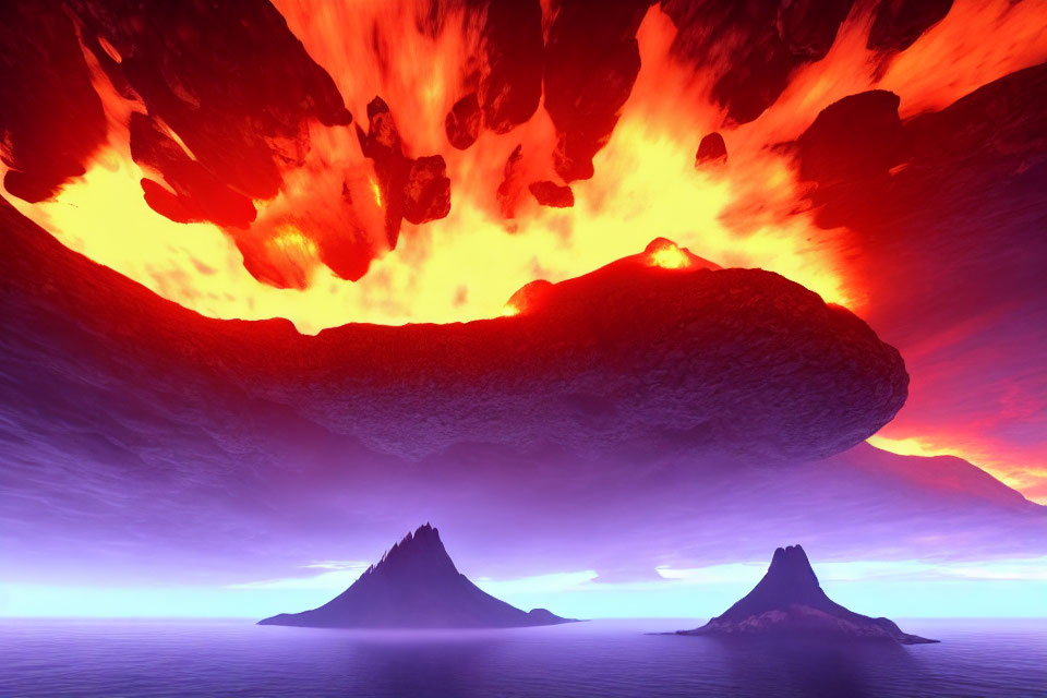 Lava-filled sky over serene sea with mountains under cavernous ceiling
