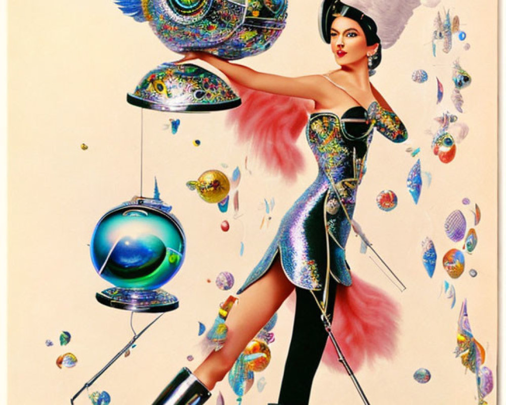 Futuristic fashion illustration of woman in high-collared outfit with staff, orbs, and fish