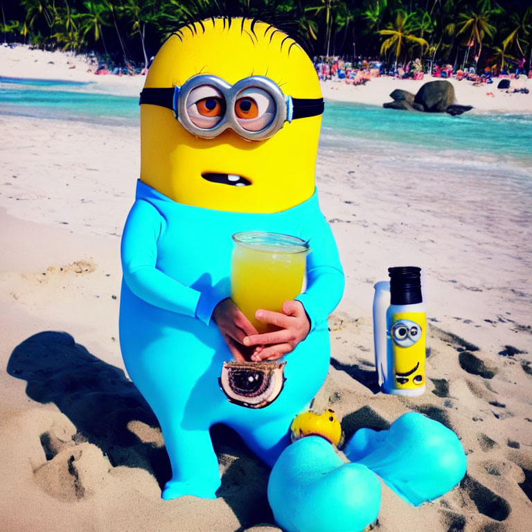 Blue swimwear minion with yellow drink, rubber duck, and sunscreen on sunny beach