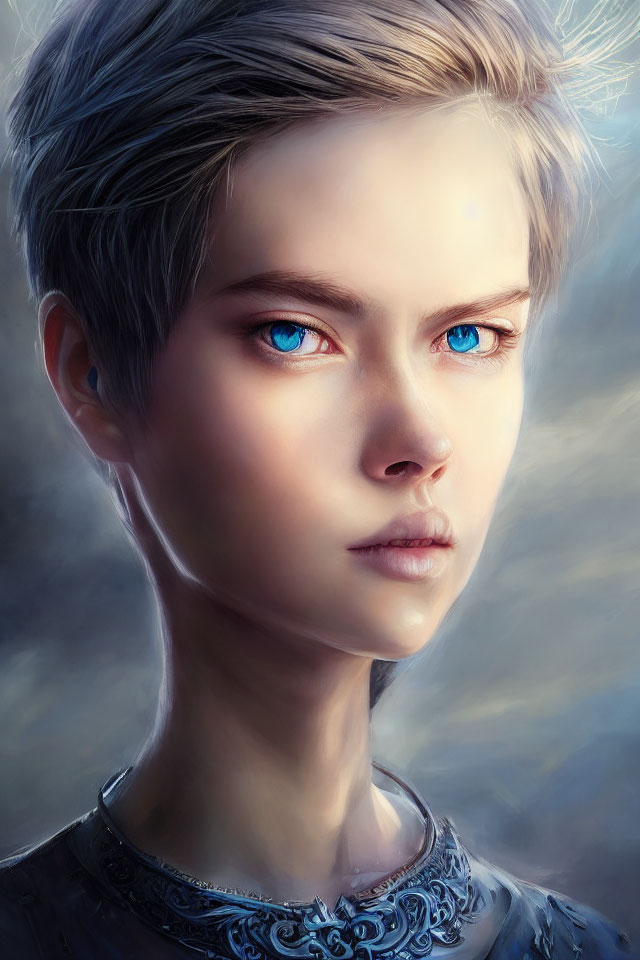 Portrait of a person with blue eyes and ornate neckpiece in digital art