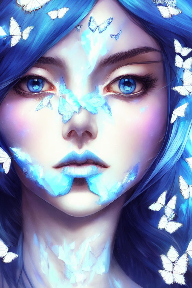 Digital Artwork: Woman with Blue Hair and Butterflies on Blue Background