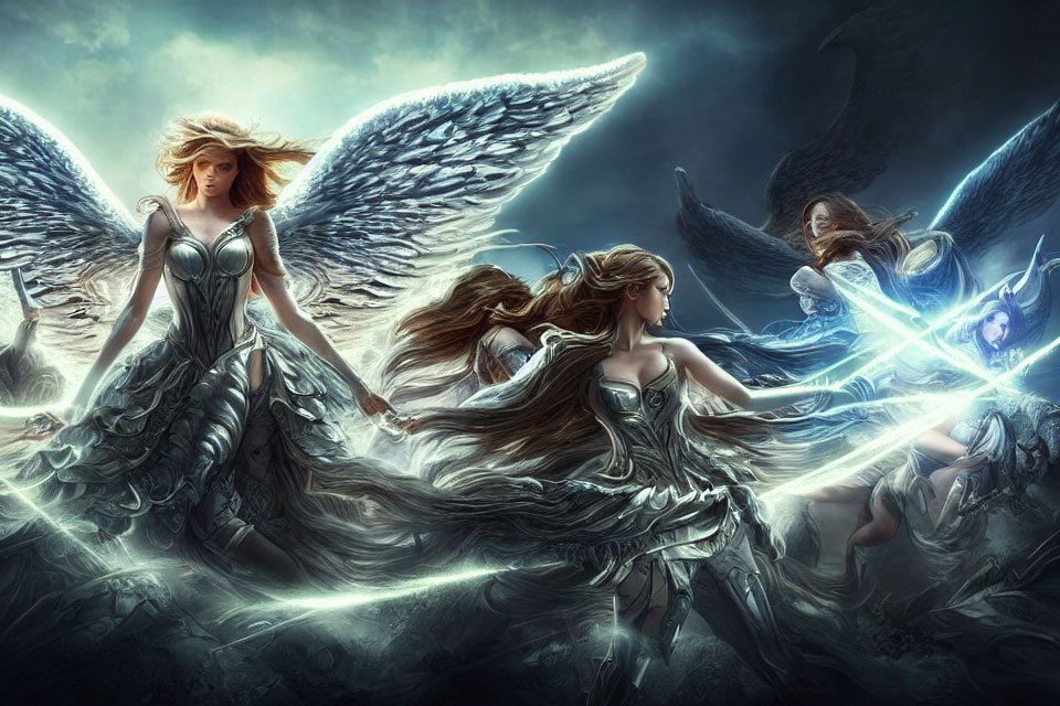 Four angelic figures with glowing wings and armor in dramatic fantasy artwork