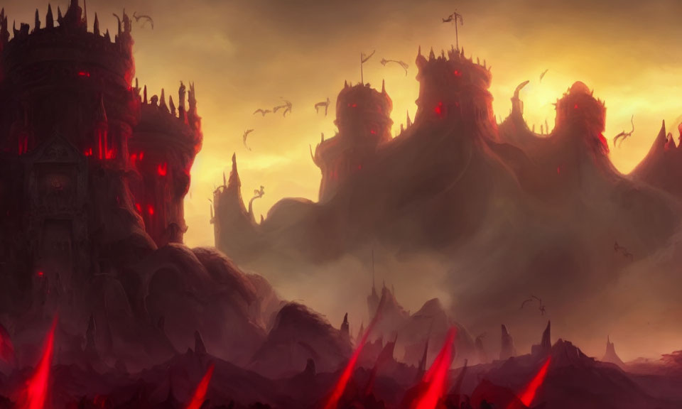 Foreboding landscape with dark castles, fiery skies, misty hills, and flying creatures