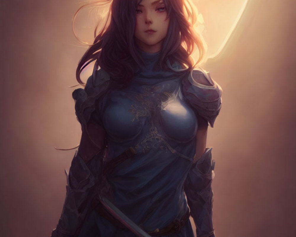 Female warrior in fantasy armor with sword and glowing crescent symbol.
