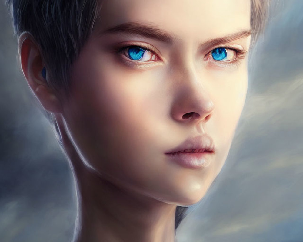 Portrait of a person with blue eyes and ornate neckpiece in digital art
